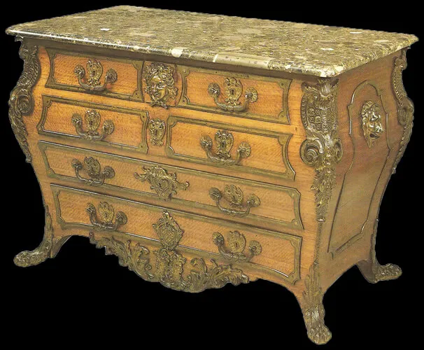 Numéro 1 : commode à quatre registres de tiroirs en placage d'amarante chenillé Numéro 1 : commode à quatre registres de tiroirs en placage d'amarante chenillé