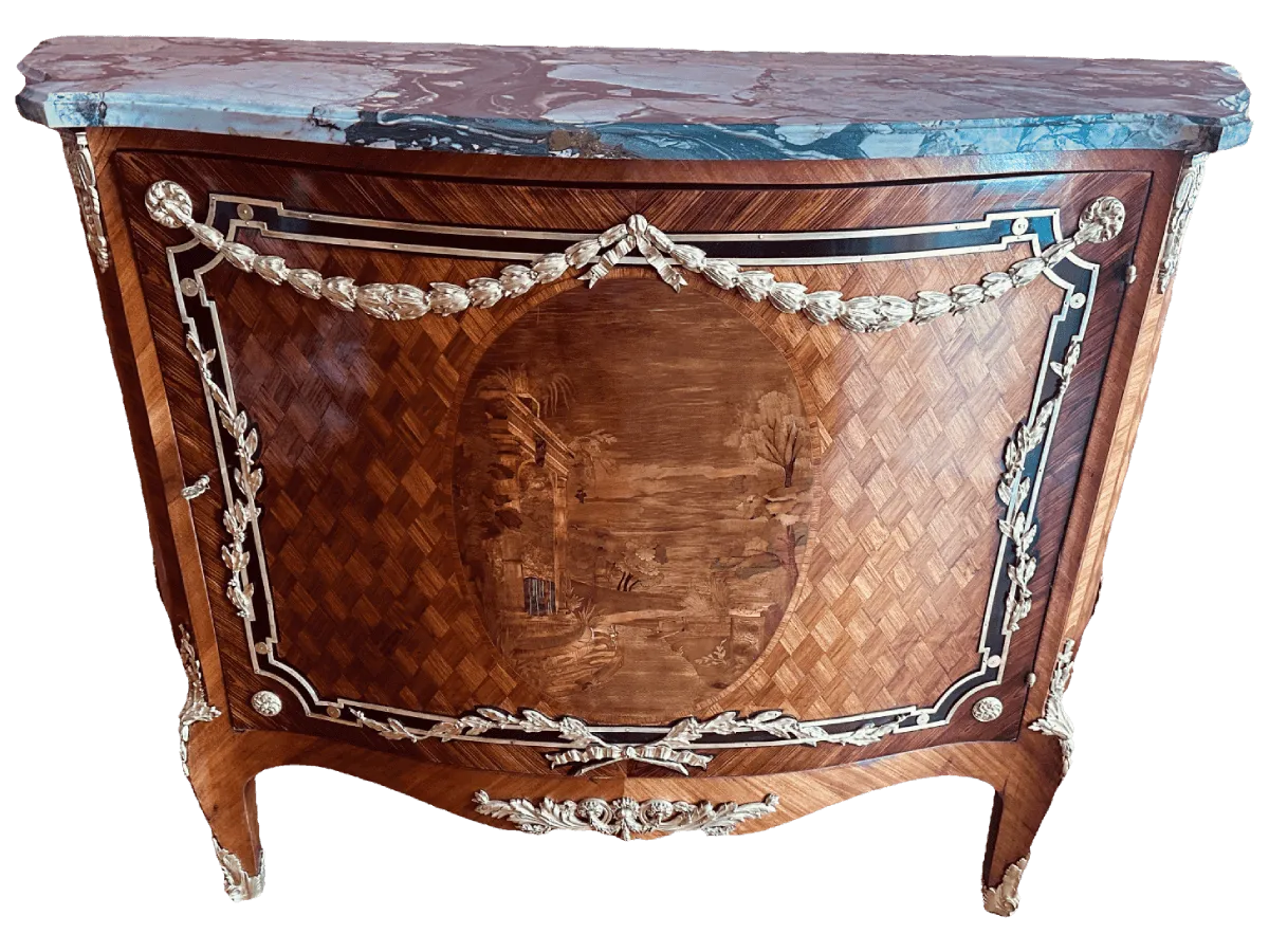 Après restauration. Meuble d'appui de style Transition Louis XV - Louis XVI Après restauration. Restauration à Paris - Vincennes d'un meuble d'appui de style Transition Louis XV - Louis XVI